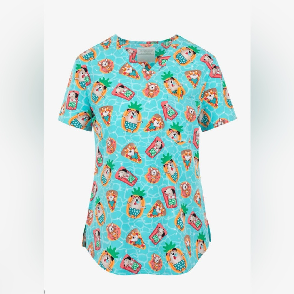 Cherokee Women’s Dogs Pool Uniform V Neck Print Scrub Top Short Sleeve Pocket.